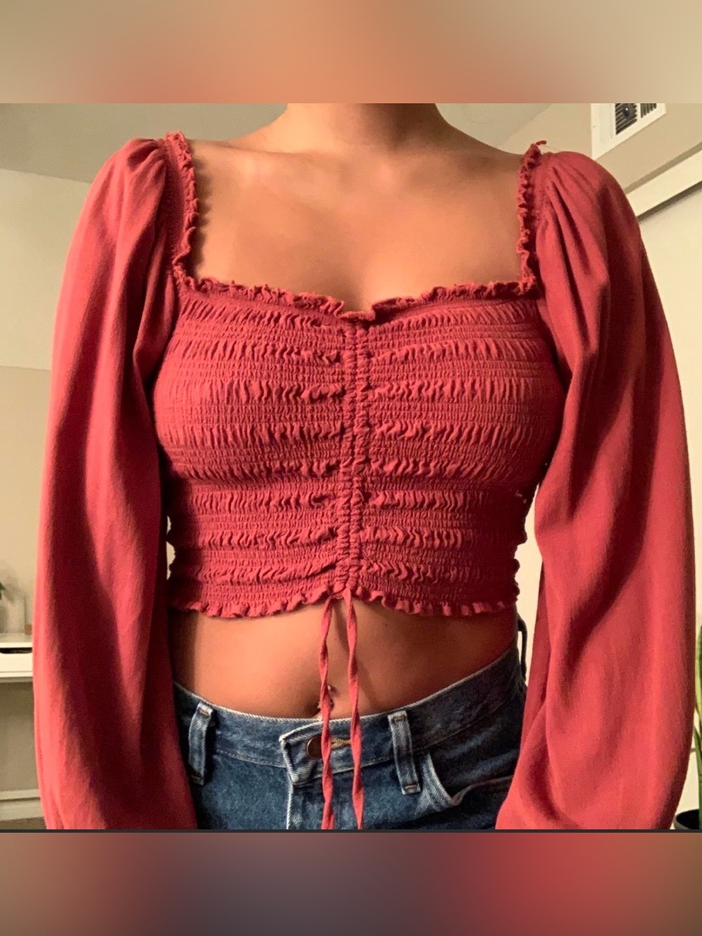 Forever 21 Women’s Smocked Crop Top Linen Rust Orange Red Long Puff Sleeve Small